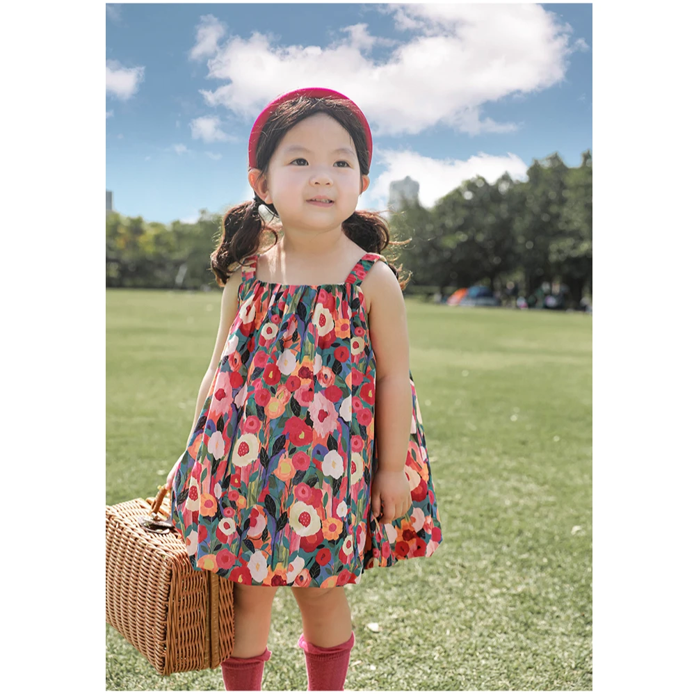 幼悠儿童女童夏季花卉弹力肩带油画少女花苞裙X3601