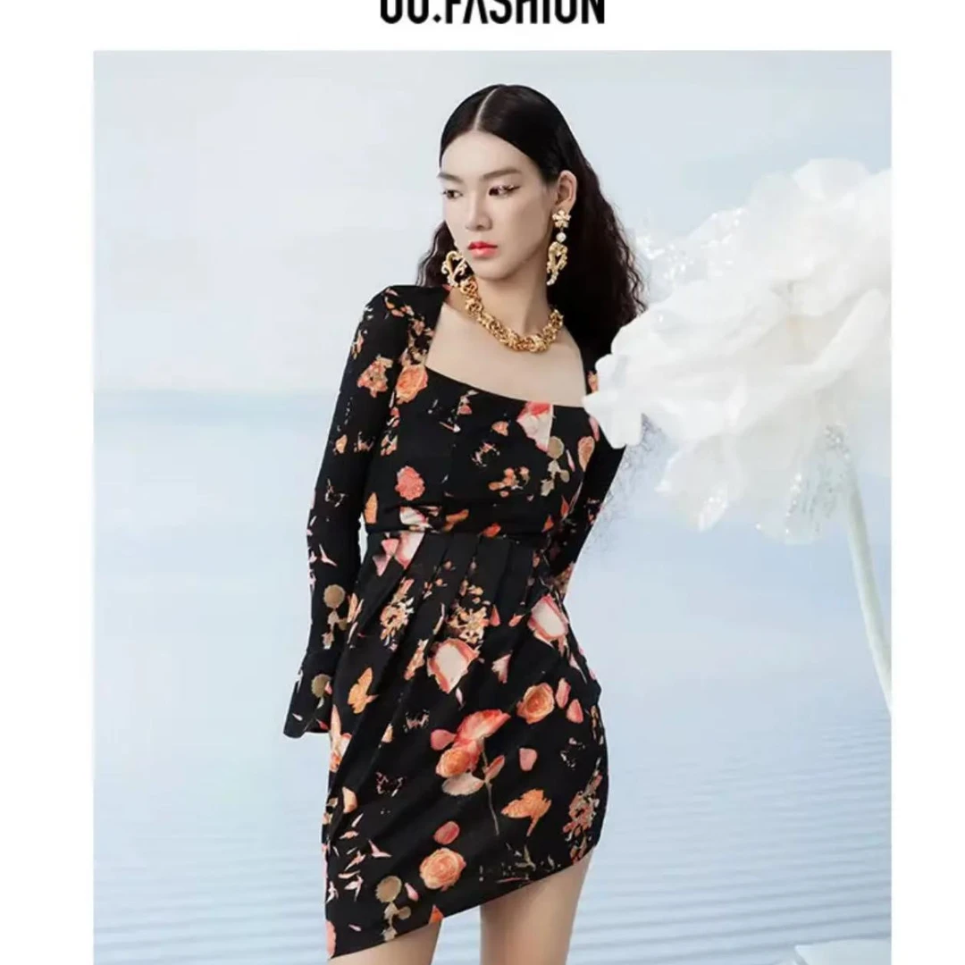 ou  碎花气质显瘦长袖连衣裙1122340472