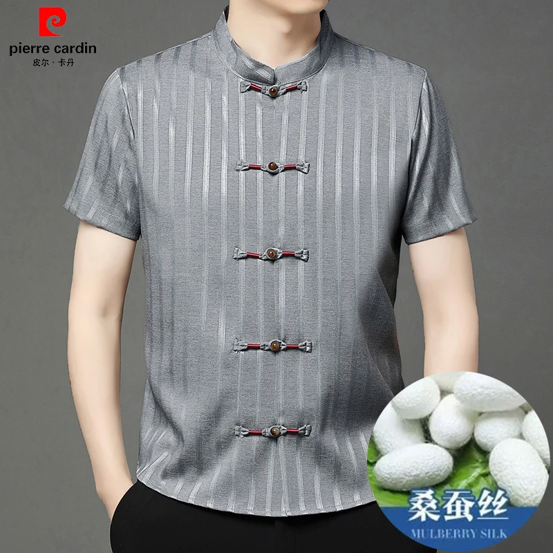 皮尔卡丹夏季新品高级感男装桑蚕丝T恤短袖中国风衬衫中式盘扣男
