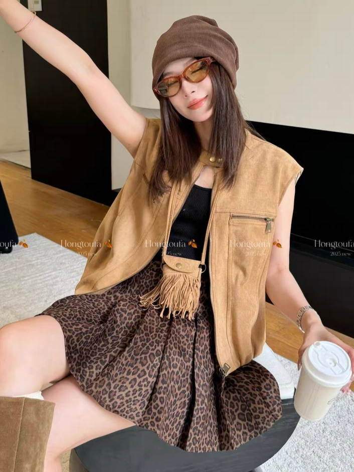 时髦复古风洋气宽松鹿皮绒马甲外套配包包女2025早秋新款无袖上衣