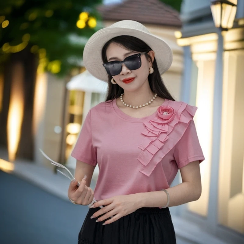 木耳边宽松短袖T恤女夏季2025新款减龄立体花朵设计感丝光棉上衣