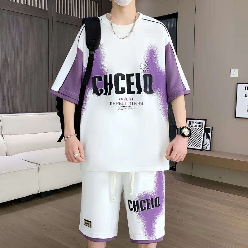 夏季款男士短袖T恤套装青少年学院风百搭宽松学生运动休闲两件套