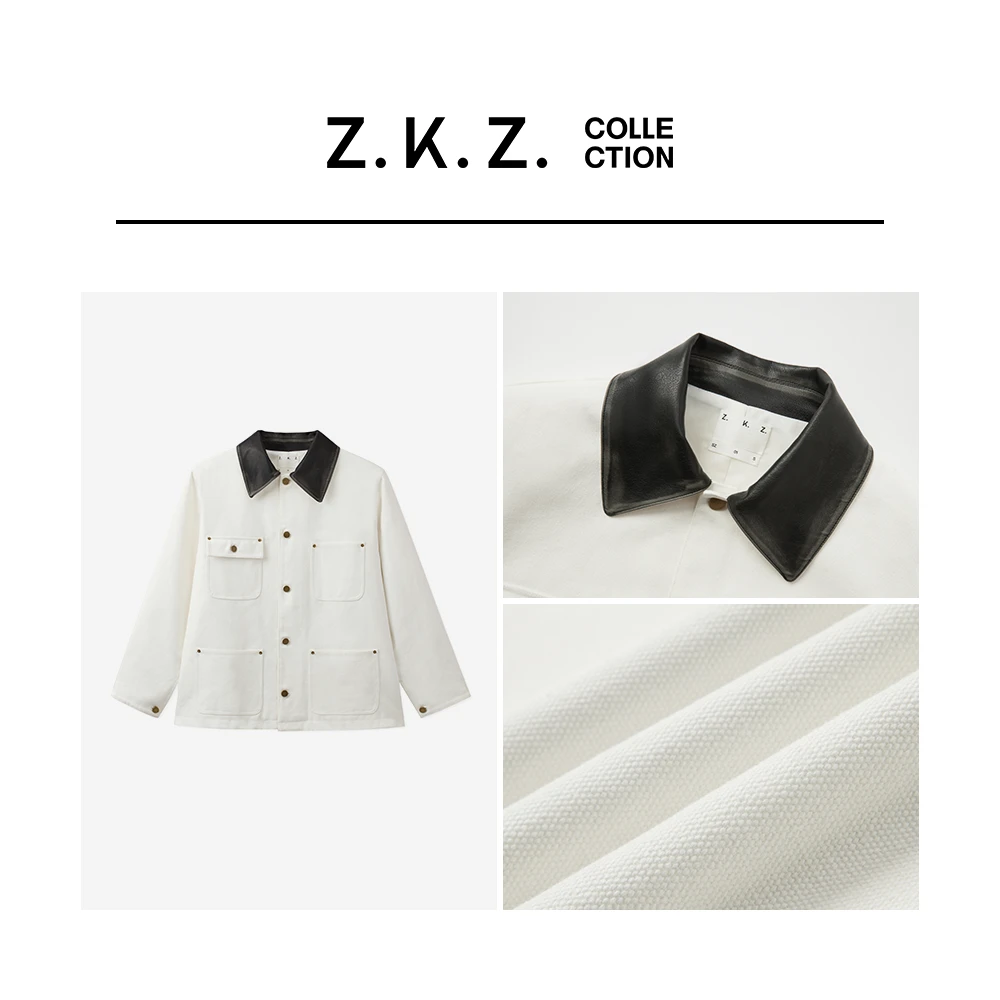Z.K.Z.「奶霜贝果」白色工装牛仔拼皮外套