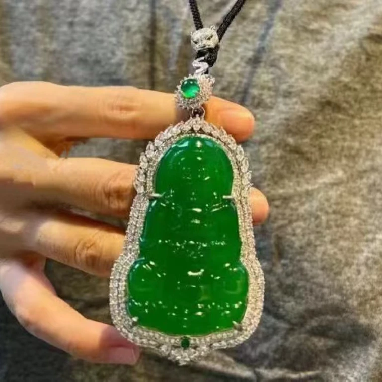 男士玉观音大玉坠观音吊坠保真绿玉髓挂件男款玉佩玉挂件豪华镶嵌