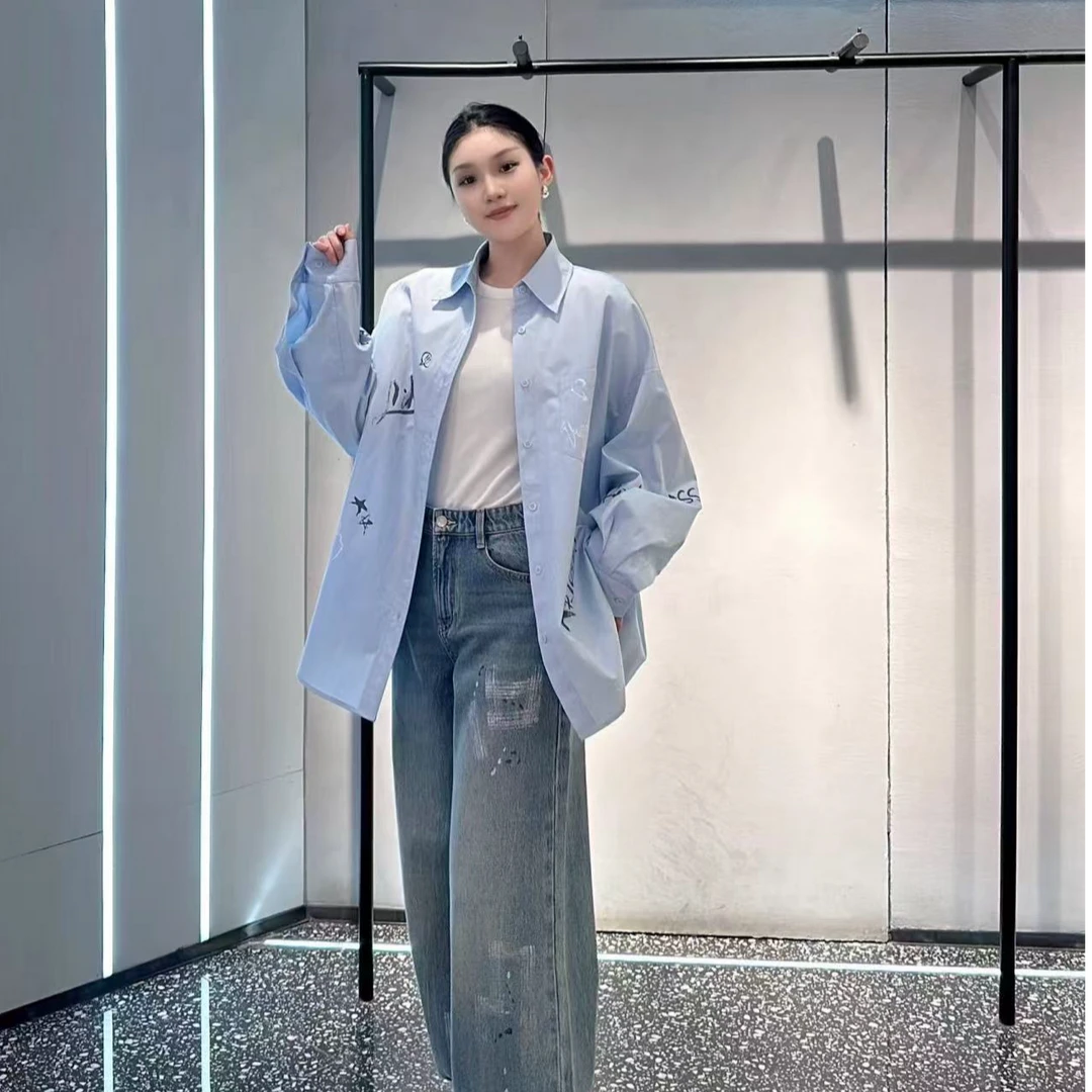 艾家2025春新款宽松设计感纯棉涂鸦涂层衬衫女上衣长袖衬衣1020