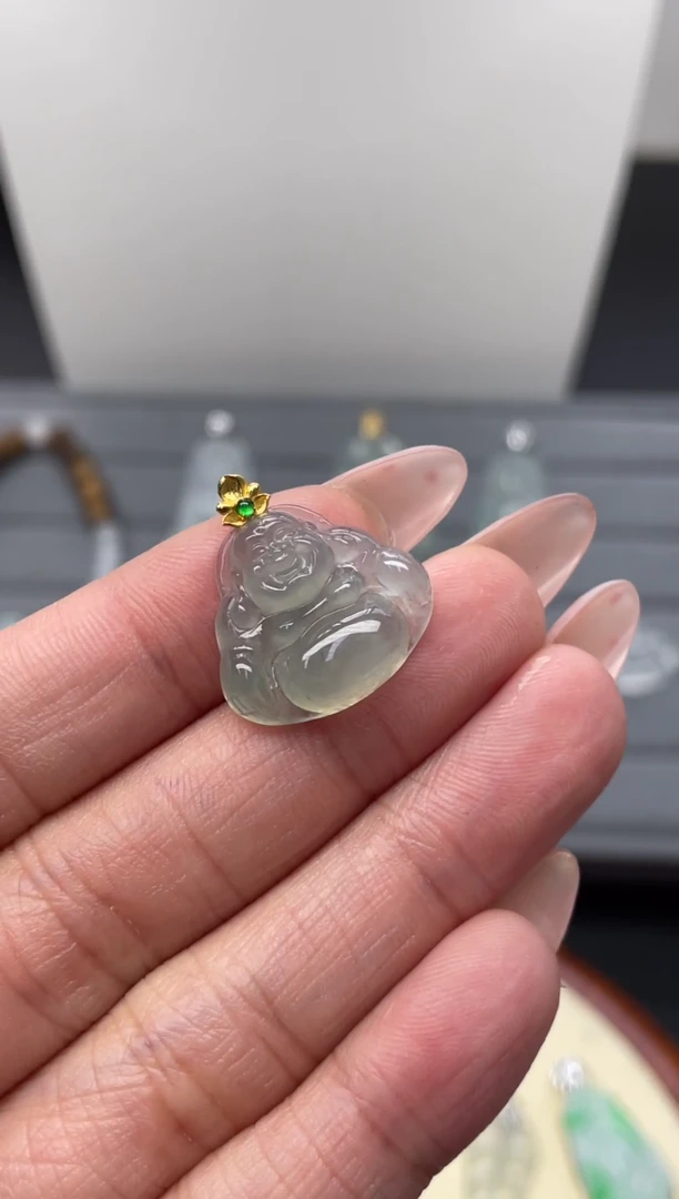 颈饰18K金镶嵌翡翠(9号链接)纯天然A货缅甸翡翠佛公吊坠