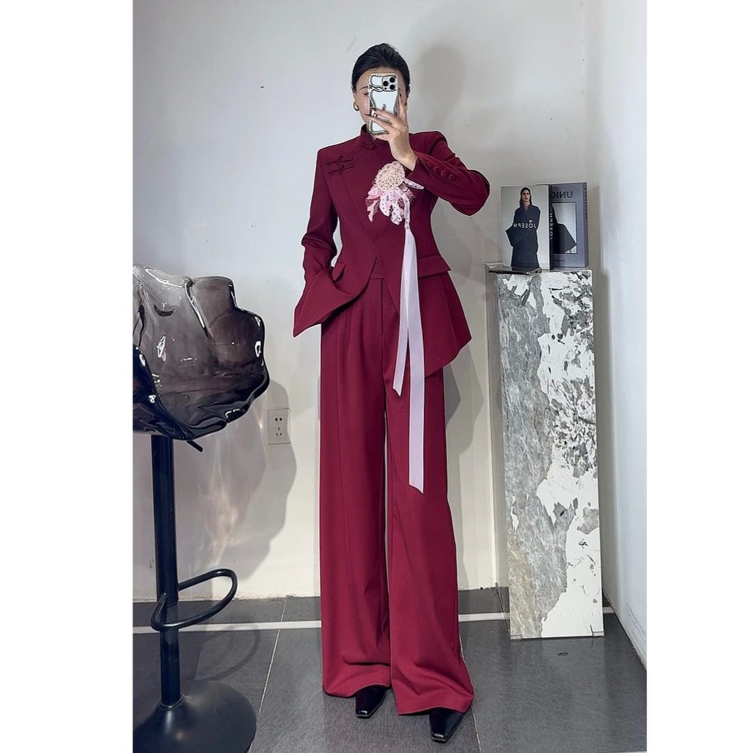 ZEROYK2025年春季时尚立体花朵套装设计感立领盘扣西装裤子两件套