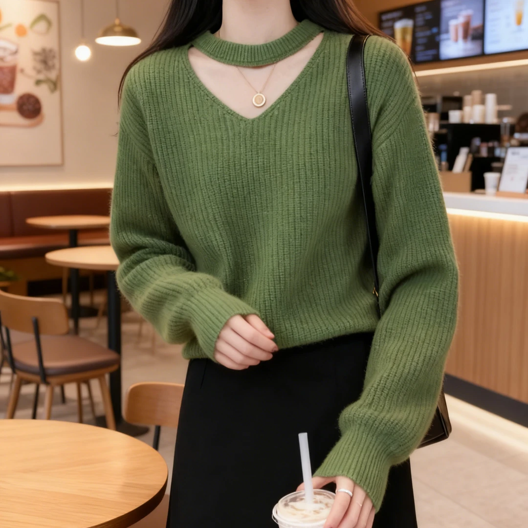 v领绿色套头毛衣女2025秋季高级感宽松显瘦V领挂脖打底针织衫上衣