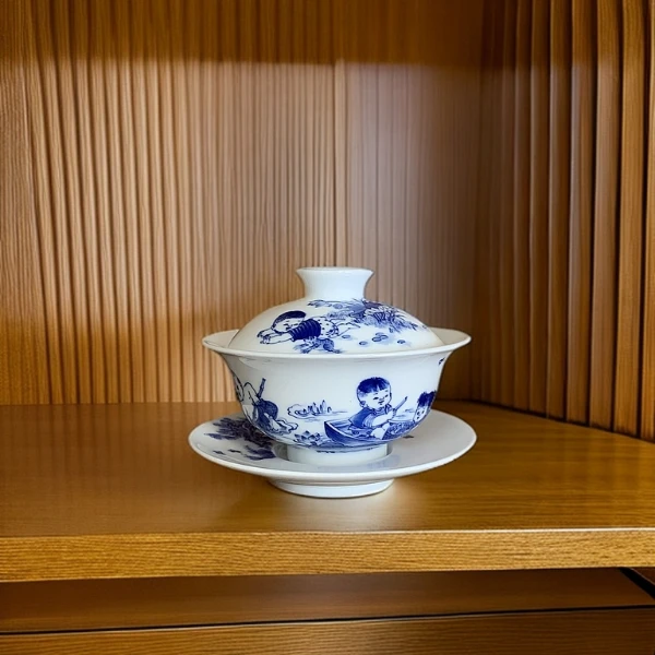 景德镇 九段烧 妙手青花 青花莲池捕鱼三才盖碗