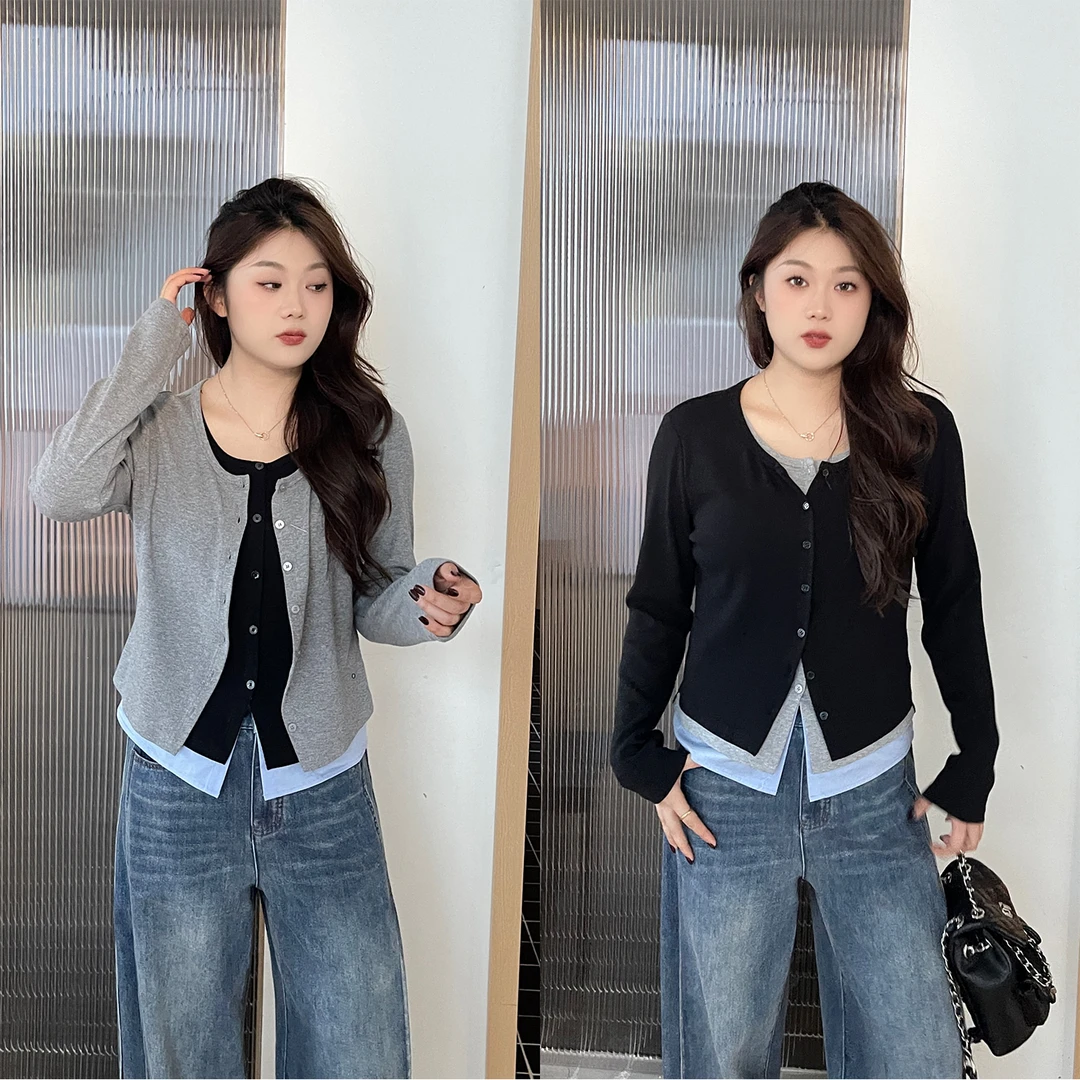 裂渡宣宣【季风独白】微胖大码女秋百搭显瘦假三件针织小衫ZY507A20