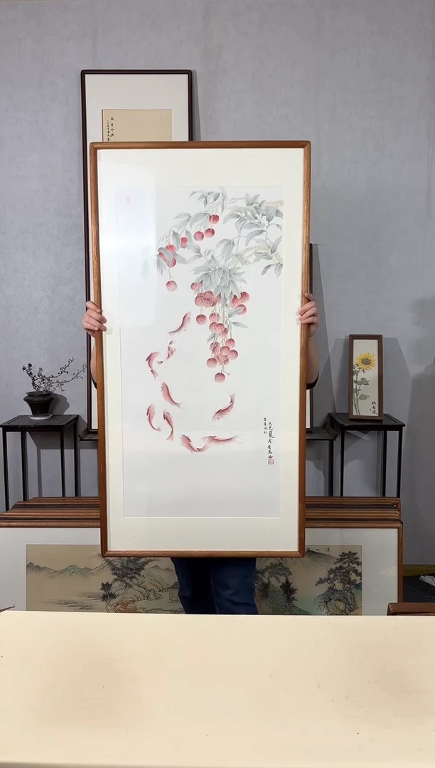 国画手绘*万事顺利（九鱼图）*62*122cm带框发货