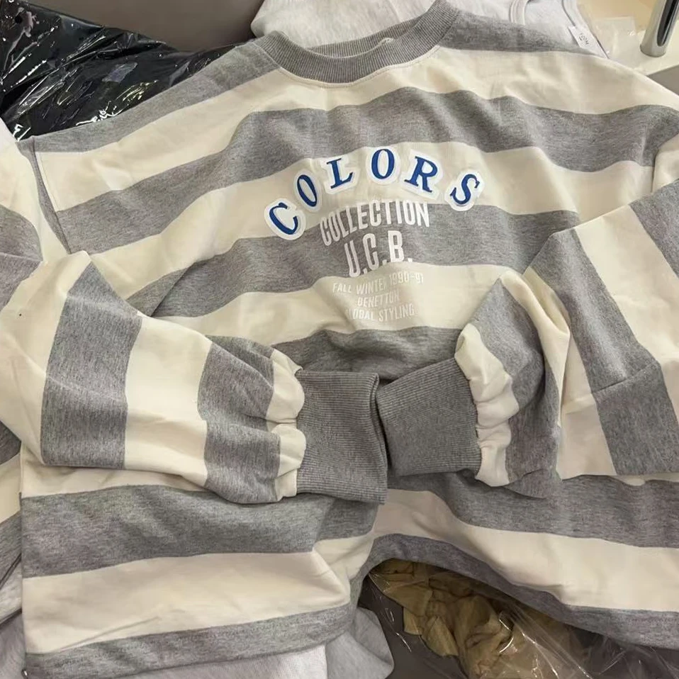 【NO退NO换】韩国东大门2025春款灰白条纹字母卫衣