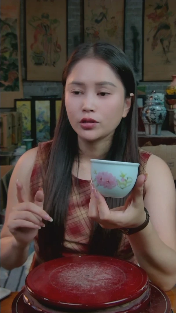 摆件景德镇陶瓷摆件水点桃花缸杯829