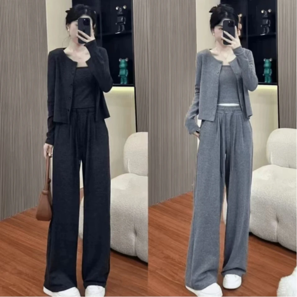 糯米三件套装新款运动休闲套装百搭秋季减龄长袖宽松开衫阔腿裤