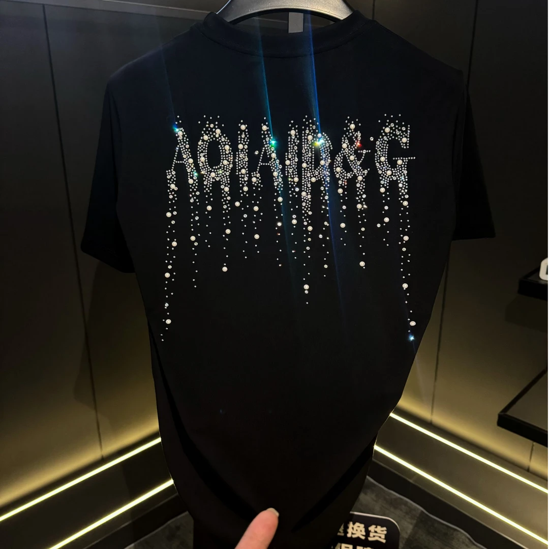 【8801】欧洲站明星同款AOlaiD&G轻奢时尚百搭情侣烫钻圆领短袖T恤