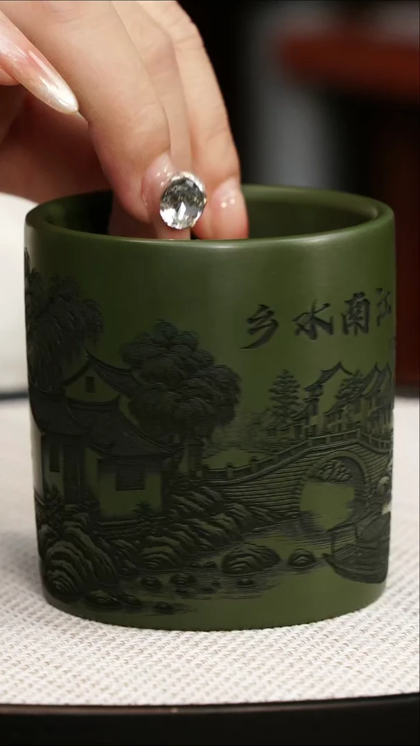 茶壶紫砂宜兴紫砂 直筒杯江南水乡雕刻 民国绿泥