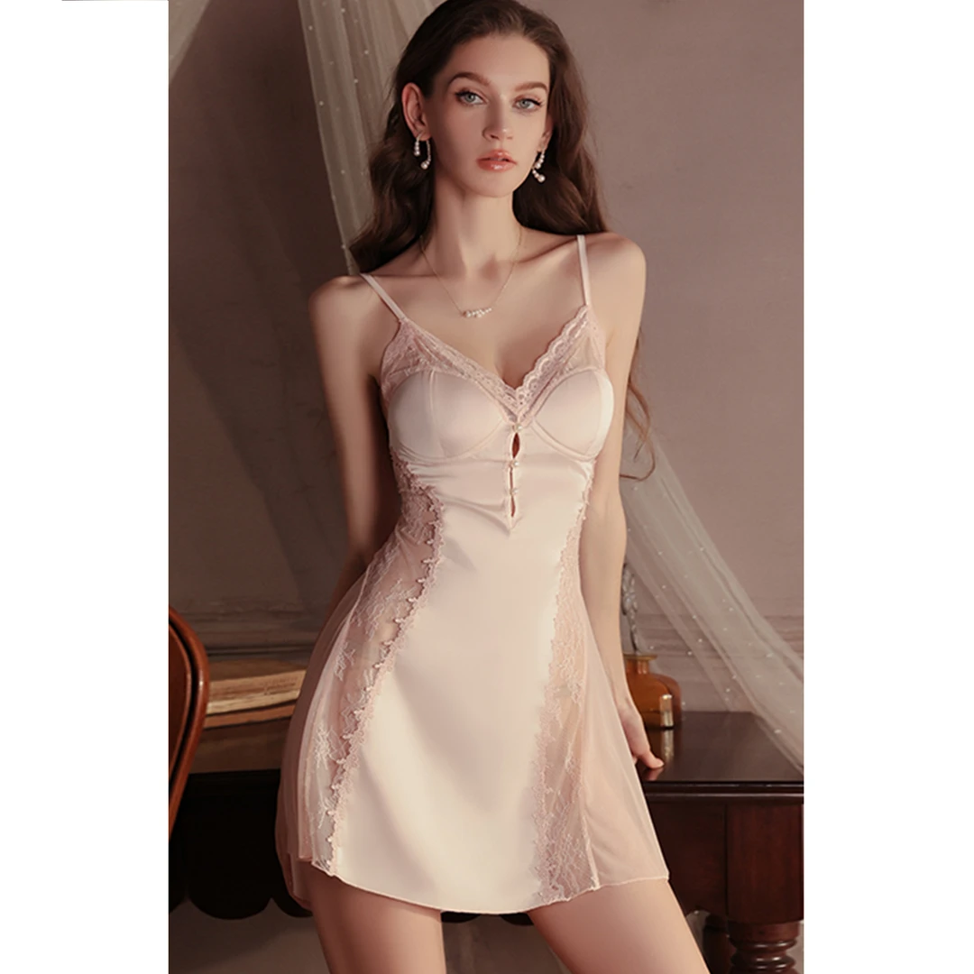 家居深V加胸垫性感顺滑缎面睡裙外袍家居服套装法式薄款露背5302