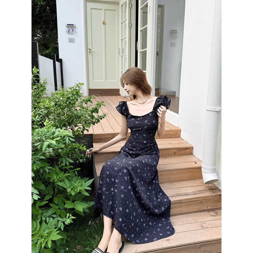 【现货+运补】黑色碎花连衣裙子爆款夏季漂亮掐腰巨好看长裙3783