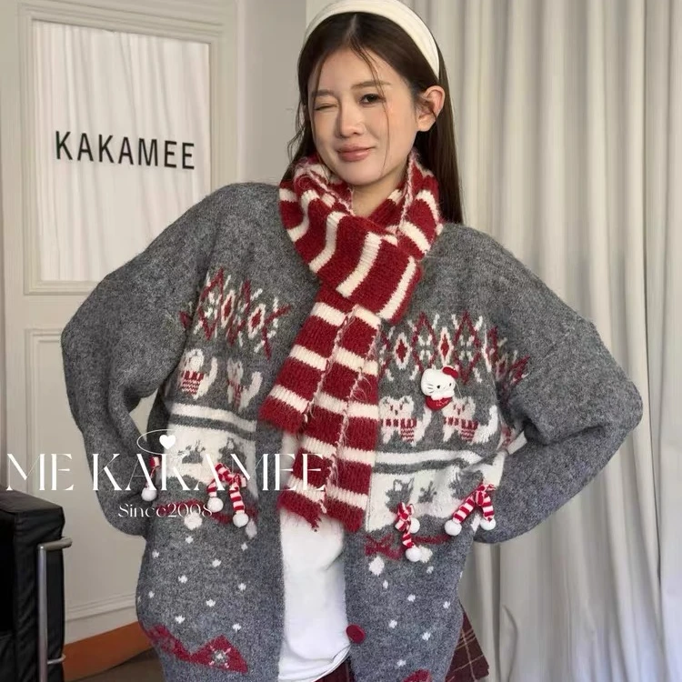 【青苍现货】【6108】大码甜妹冬胖mm灰色圣诞氛围感卡通提花毛衣外套