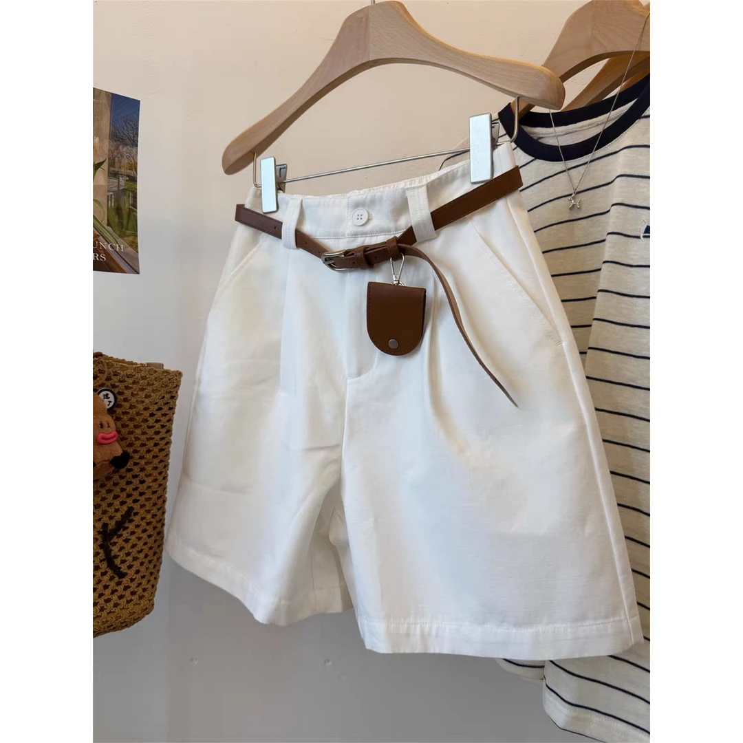 MUYANG 挂扣小包包 显瘦好比例 百搭休闲工装短裤女白色高腰裤子