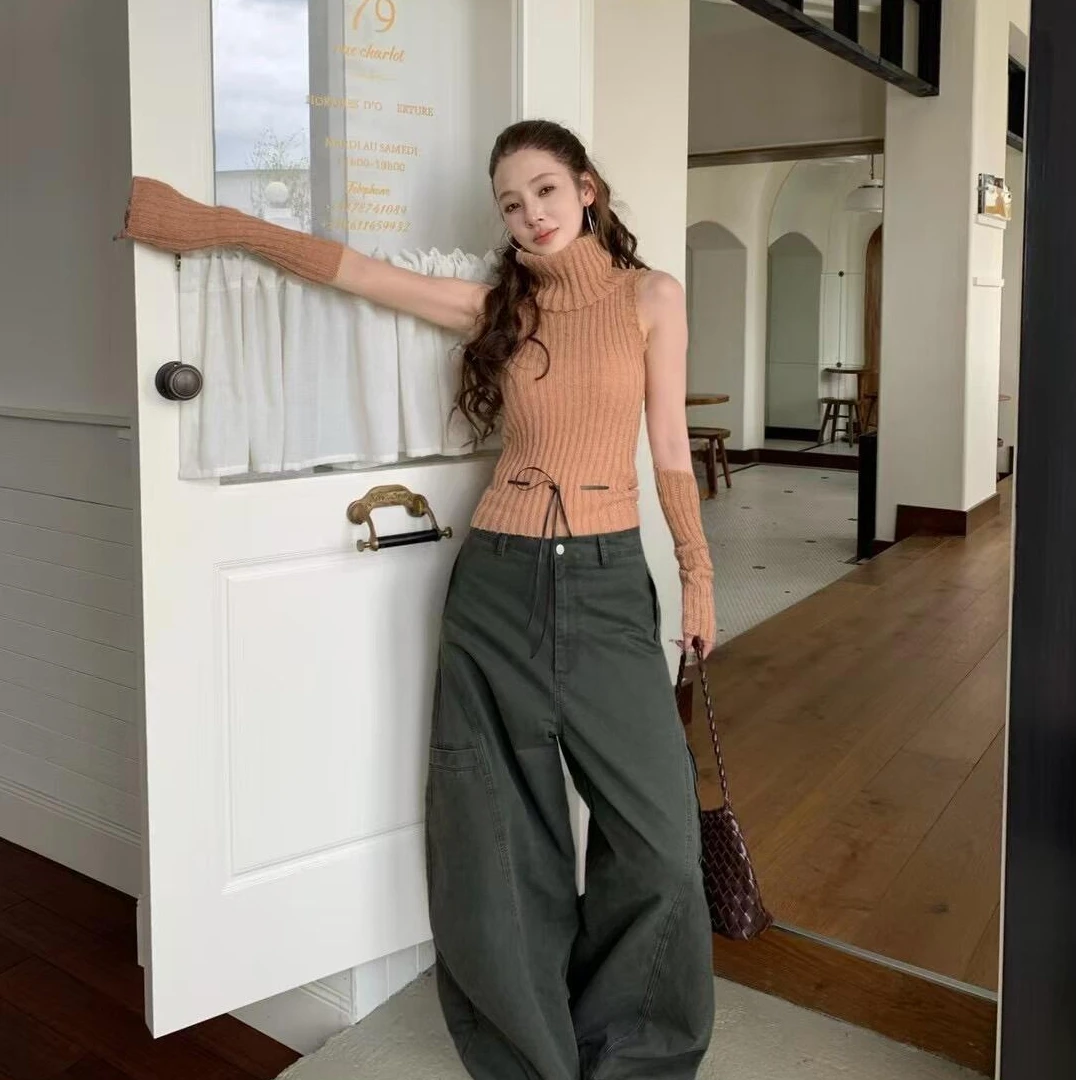 复古无袖辣妹风女气质针织高龄百搭毛针织衫套头款高腰显瘦阔腿裤