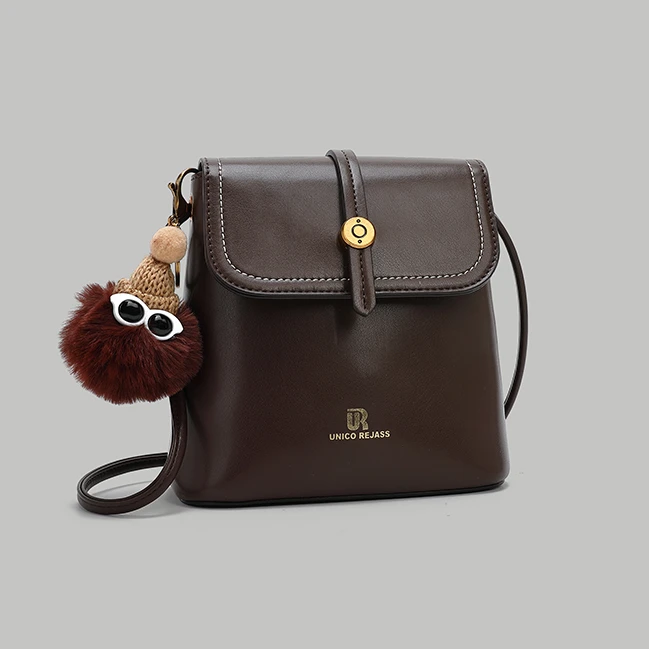 深棕色扣式水桶包经典百搭单肩斜跨包-60009-8