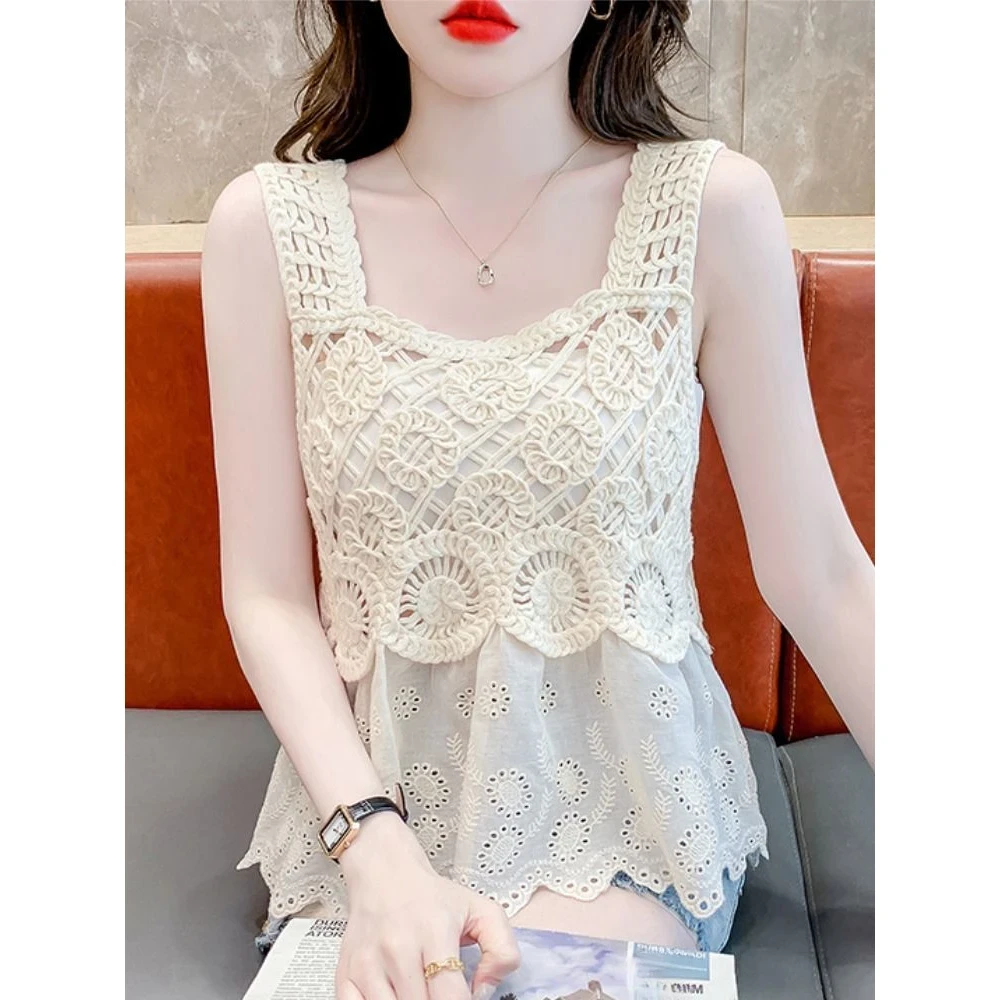 女新纯欲风镂空勾花拼接无袖吊带背心女夏季甜美复古宽松百搭上衣