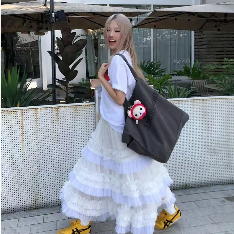 MILK SOUP/奶汤 蓝色裙边荷叶边网纱半身裙女高腰设计感蛋糕裙子