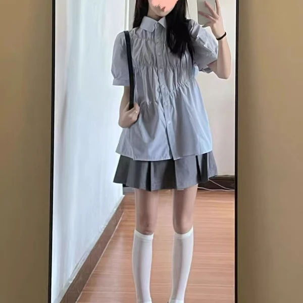 2025夏季新款大码女装韩系显瘦减龄甜美风学院风褶皱衬衫半身裙
