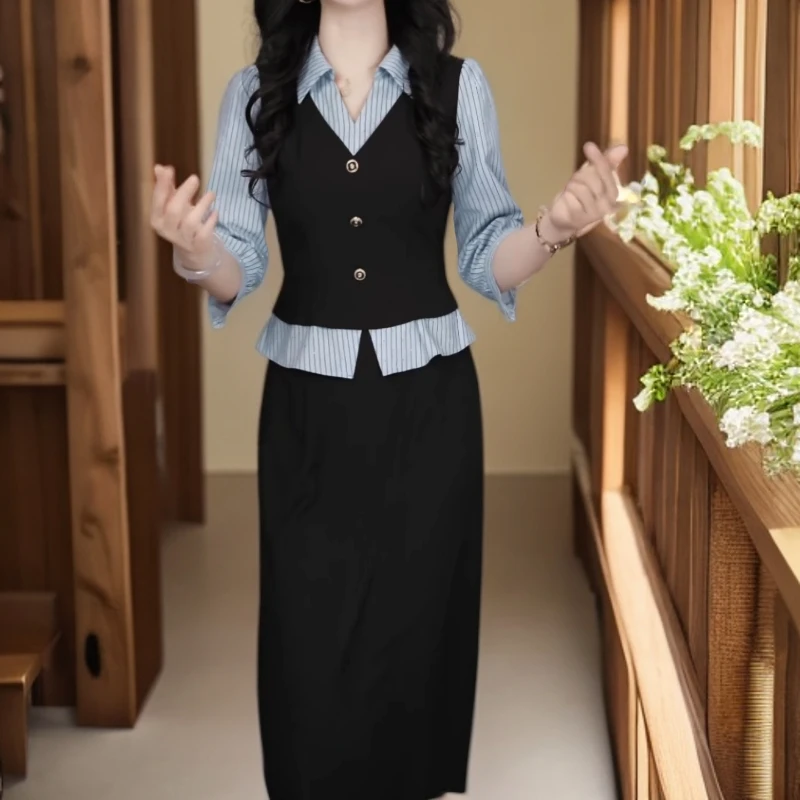 勇华玥上高端气质假俩件假两件连衣裙2025秋季新款显瘦减龄中长裙