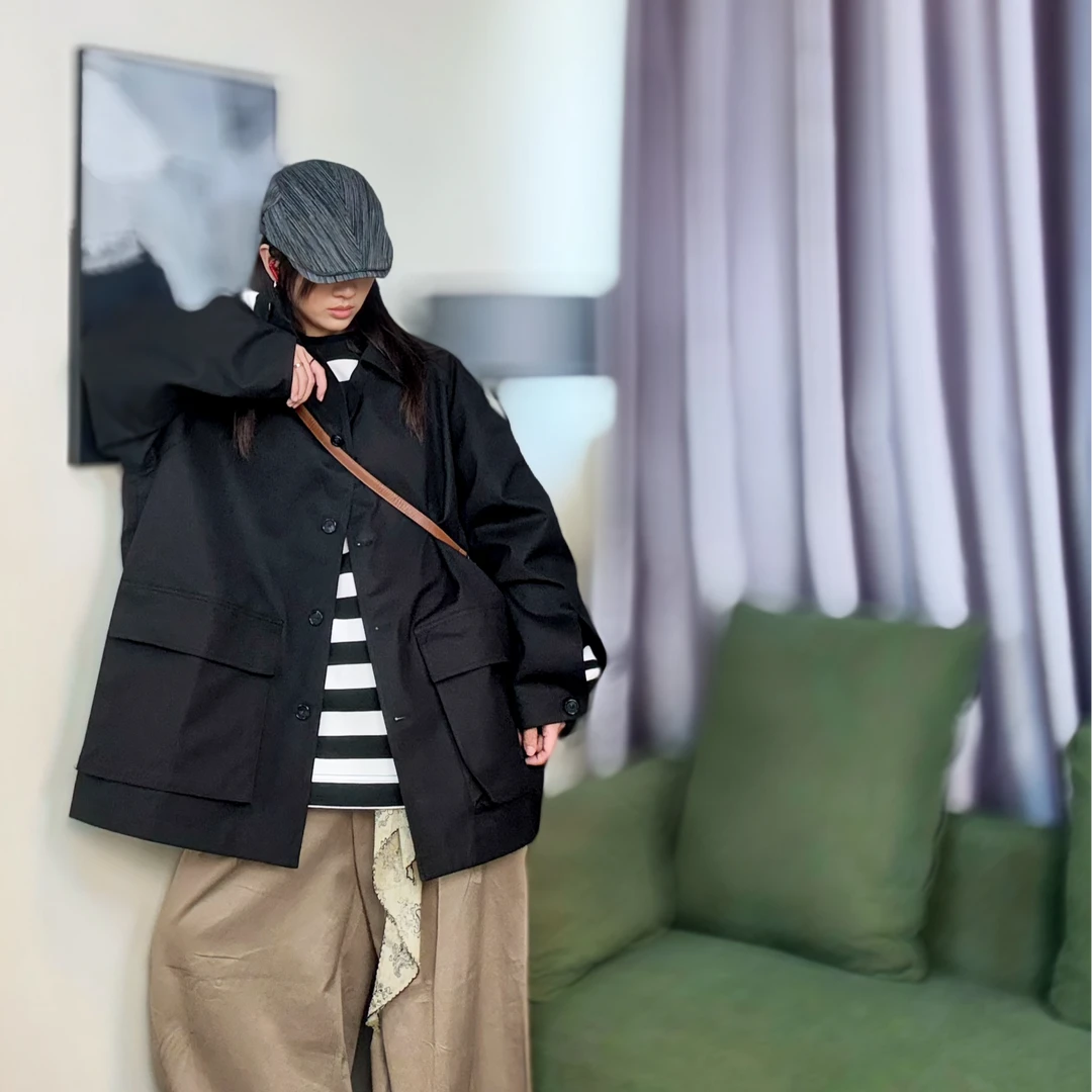 PJPL【9043】立领单排扣中长款男女春秋日系慵懒风宽松高级感外套