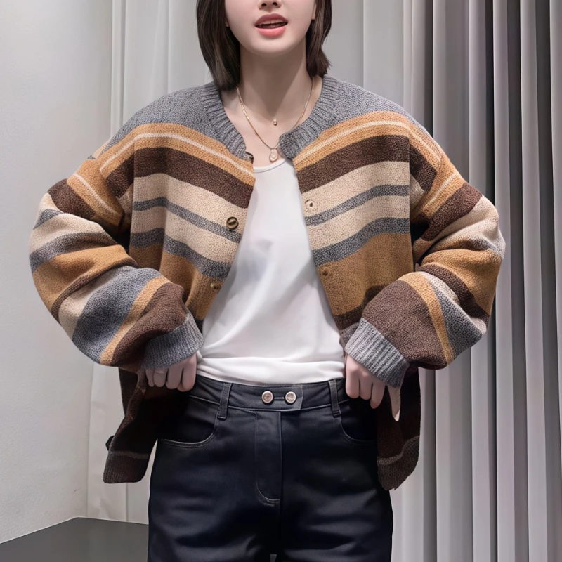 秋冬季简约百搭大码女装针织衫宽松版型百搭时尚慵懒复古别致开衫