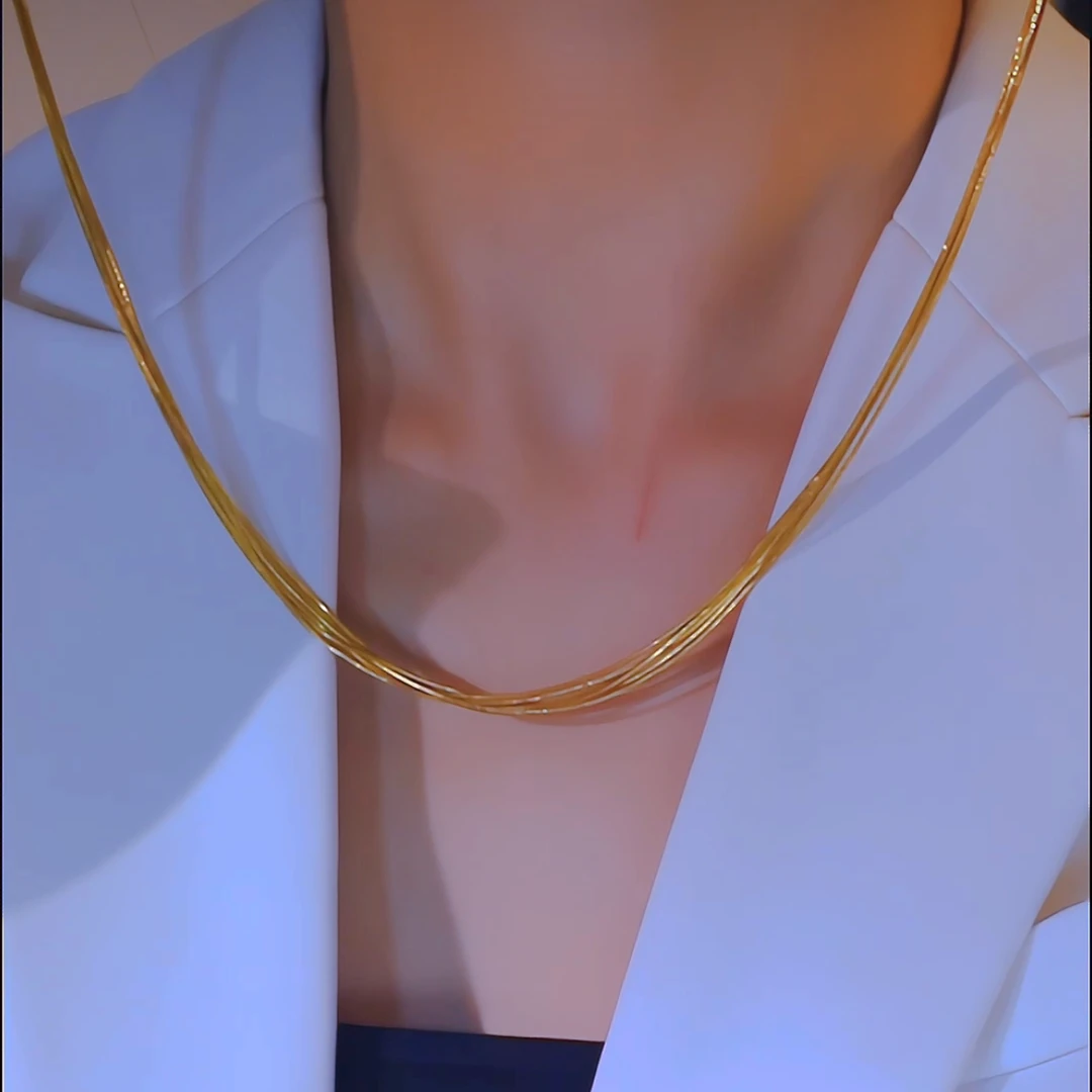 钛钢项链 25新款法式多层波光粼粼项链细丝缎多层流苏锁骨链配饰