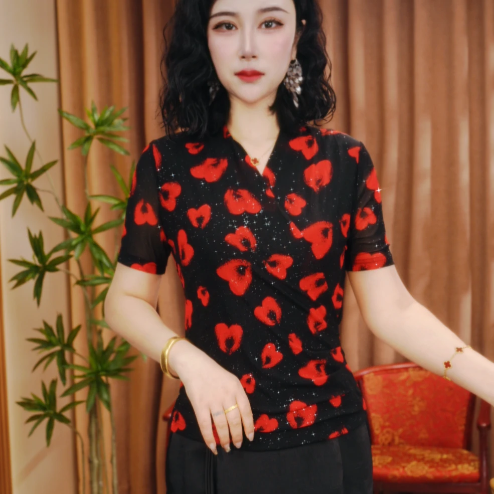 夏季新款交叉领洋气百搭气质小衫网纱显瘦女士打底衫