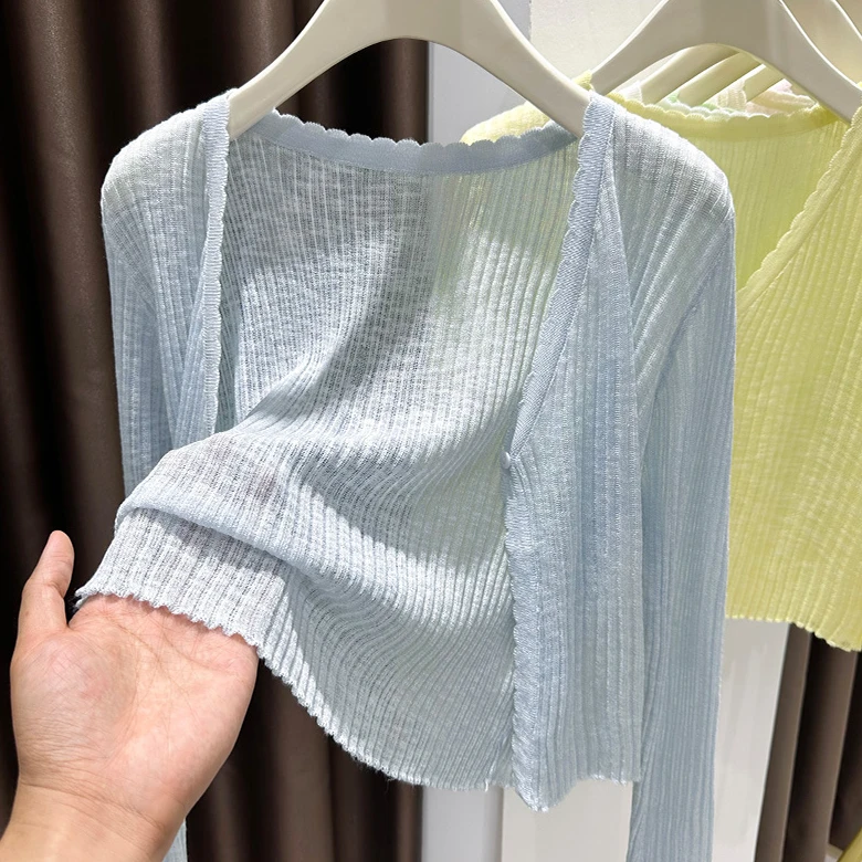 冰川蓝薄款针织开衫女夏季吊带裙外搭透气防晒空调罩衫小披肩上衣