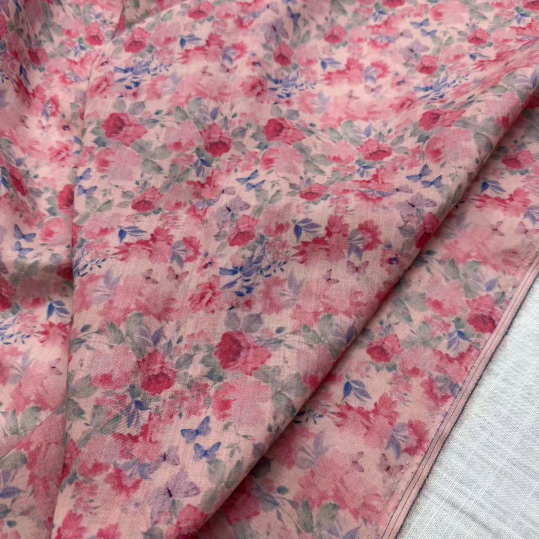 蝶恋花纯苎麻裙子旗袍夏装42支面料 莨麻布料幅宽140cm