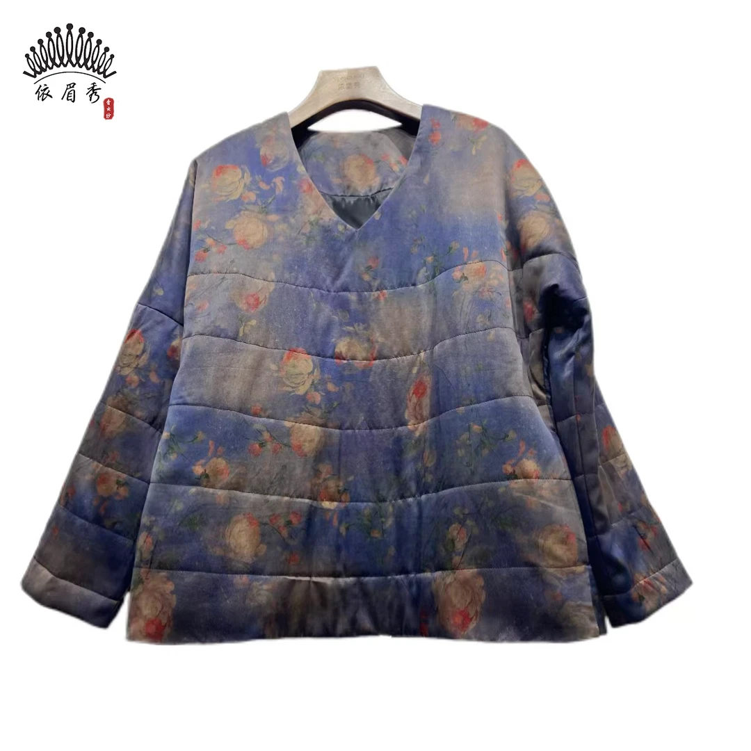 YIMEIXIU/依眉秀香云纱缎面V领棉服上衣61807