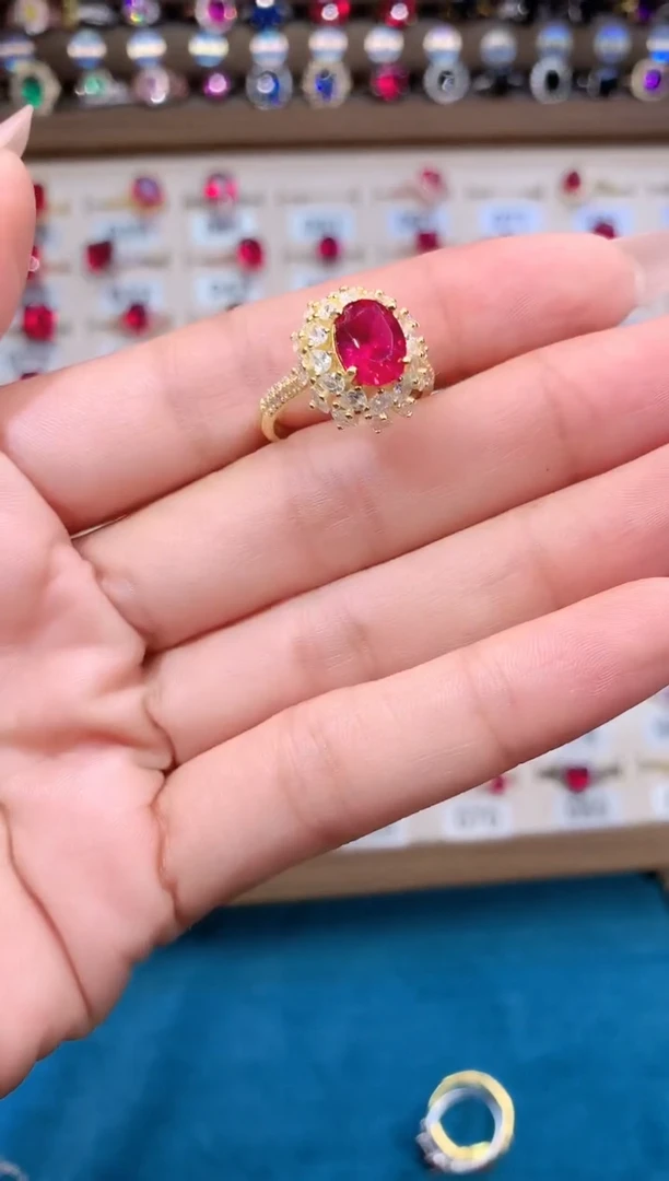 红宝石戒指银S925镶嵌金色79