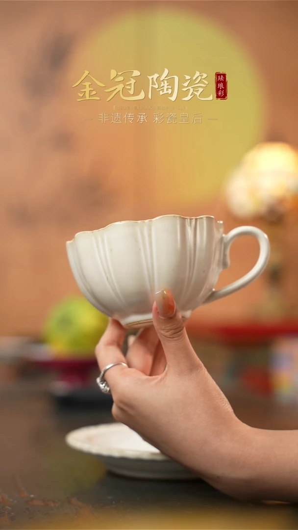陶瓷落灰烧 一杯一碟 早餐杯【花口杯】