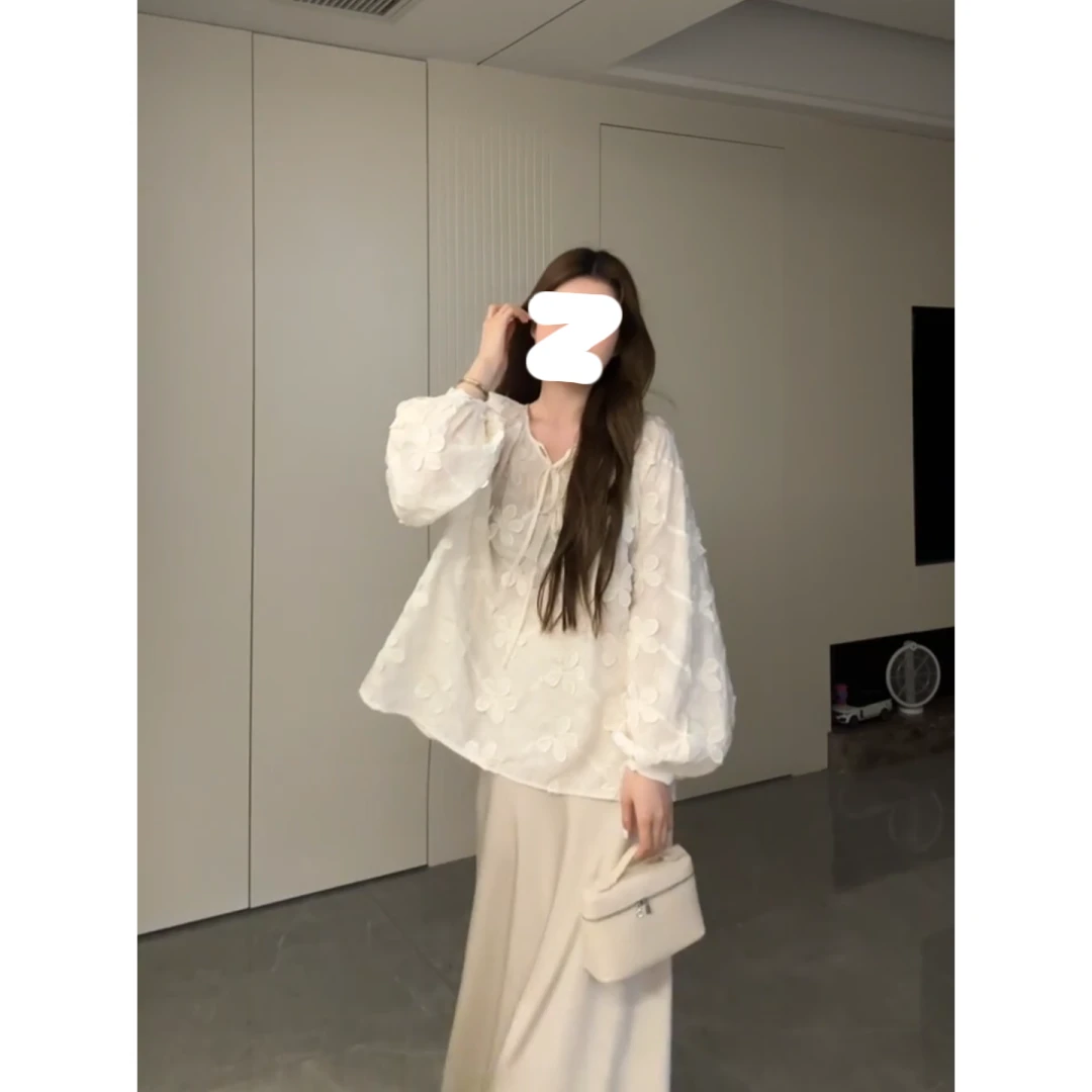 MARIE.COCO韩版时尚穿搭立体花朵气质百搭宽松衬衫轻奢半身裙套装