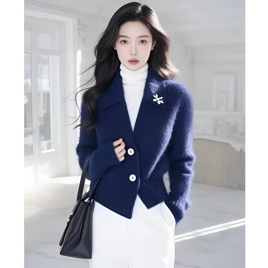 藏蓝色毛衣慵懒高级感2024冬季独特漂亮气质超好看针织上衣