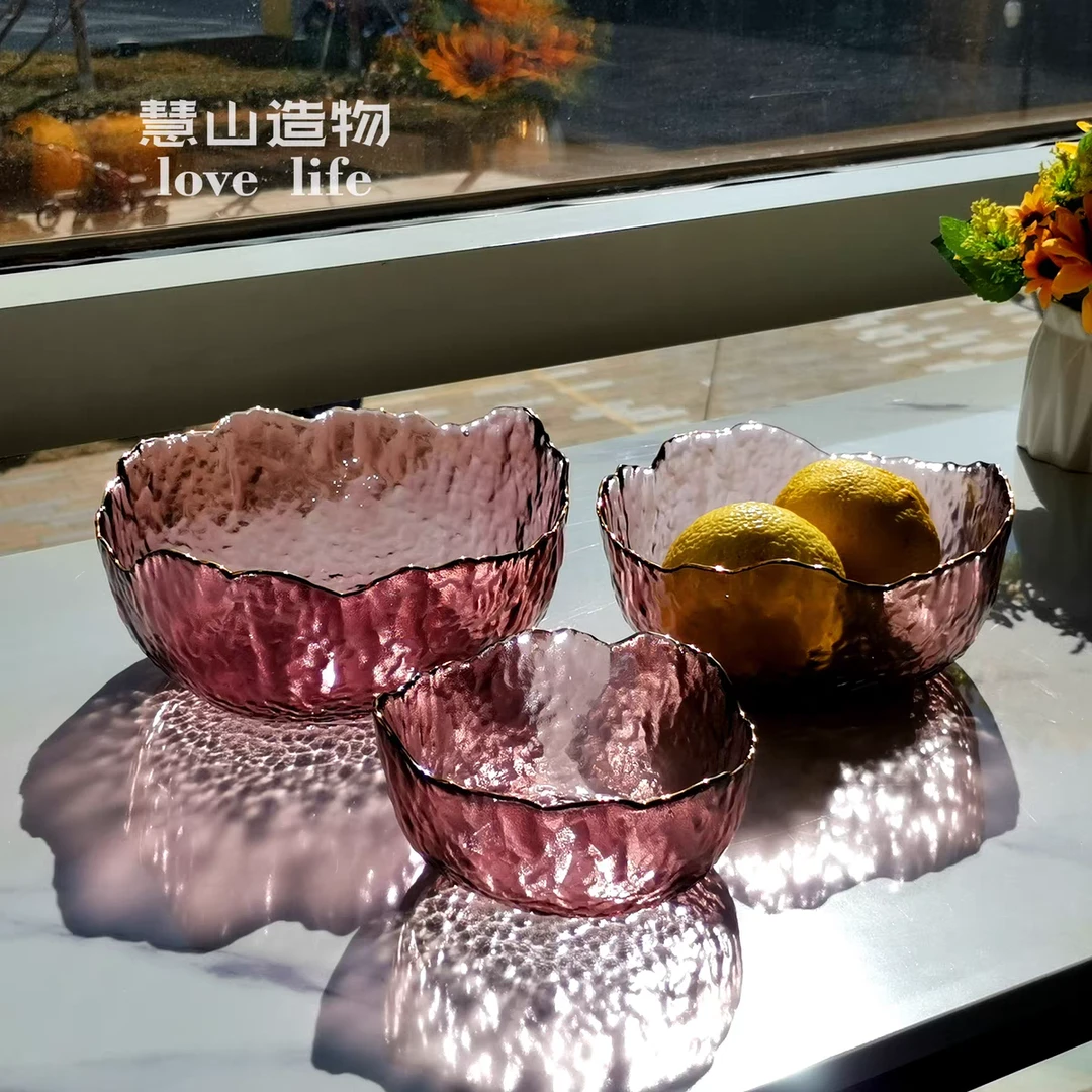 ins风北欧风创意时尚轻奢水晶多彩镶金边锤目纹玻璃沙拉碗水果碗