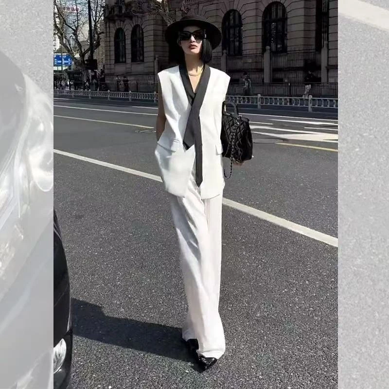 名媛女装高端套装高级感气质女神范白色亚麻马甲阔腿裤两件套初夏