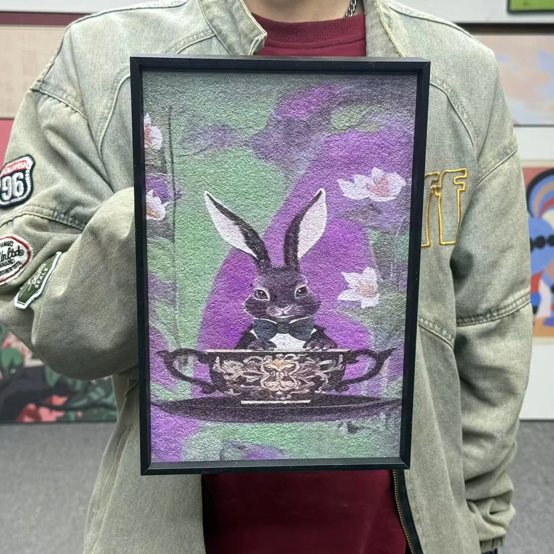 英伦风竖版兔子沙画电视柜装饰画客厅摆画挂画2030