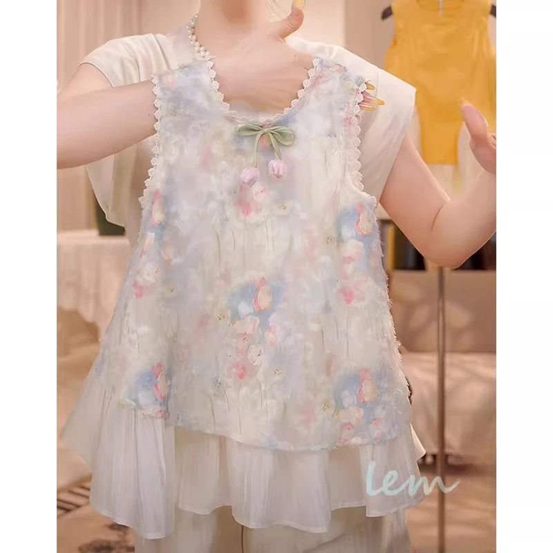 女童花边背心裙2025夏款女孩碎花公主棉布假两件无袖连衣裙沙滩裙