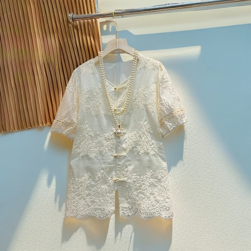 时尚白色衬衫绣花碎花雪纺衫短袖法式拼接宽松刺绣上衣蕾丝27339