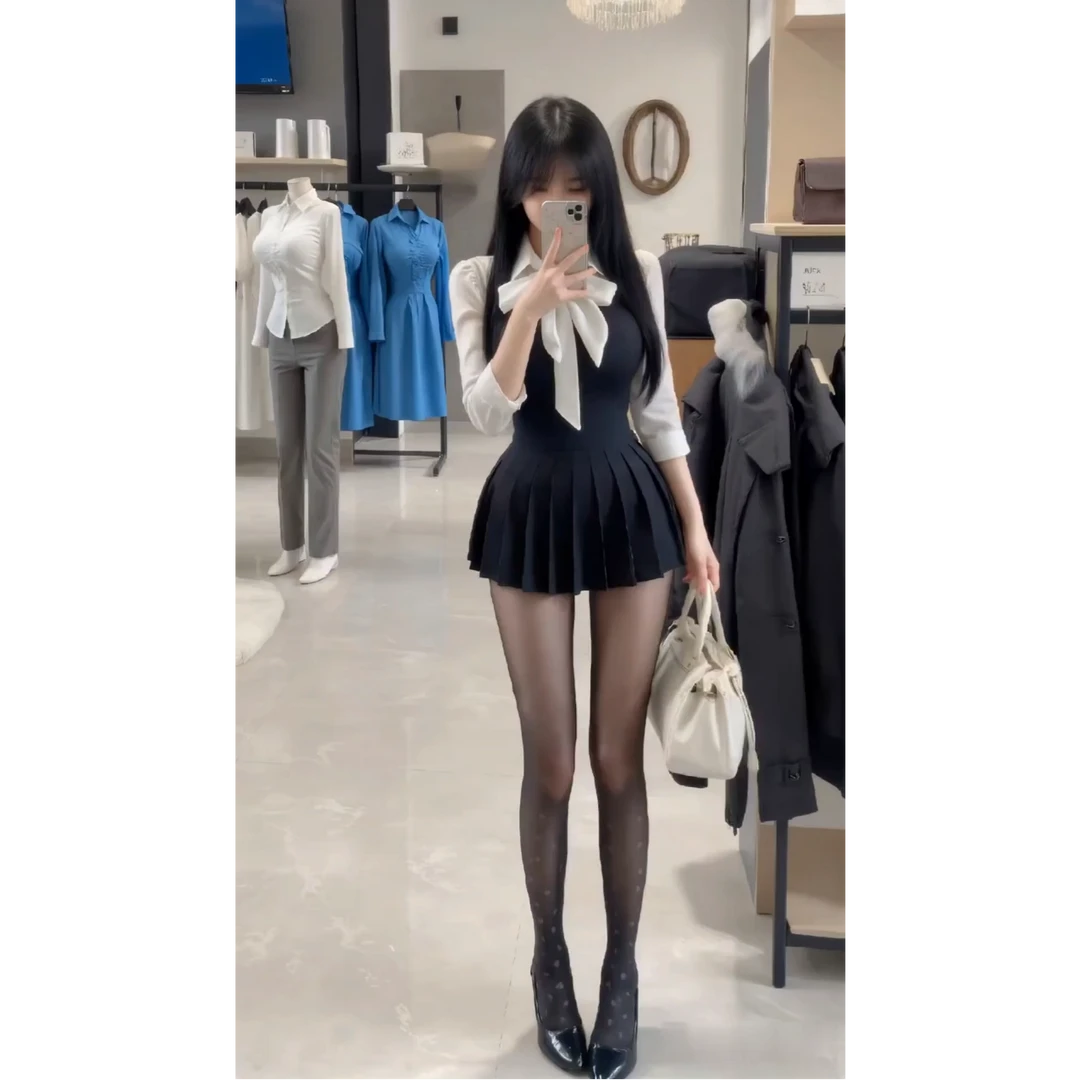 韩系甜辣妹2025春夏新款蝴蝶结领带假两件衬衫拼接百褶短裙连衣裙