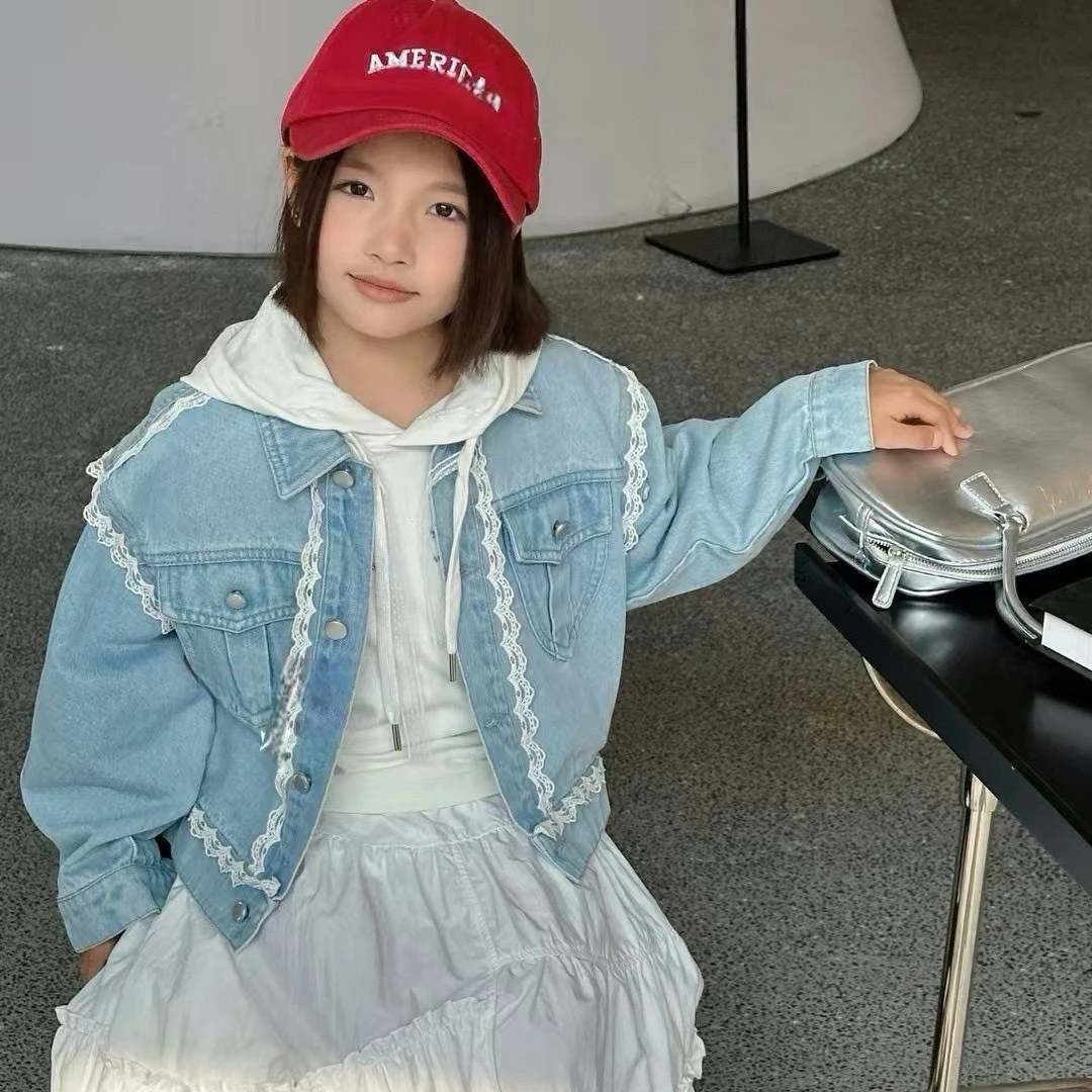 熙爱2025春秋季新款女童蕾丝边牛仔时尚外套百搭上衣25830