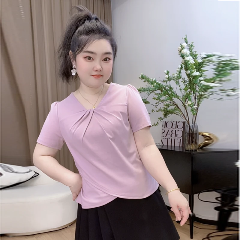 胖mm褶皱别致扭结掐腰上衣女春夏新款设计感显瘦短袖T恤衫高级感