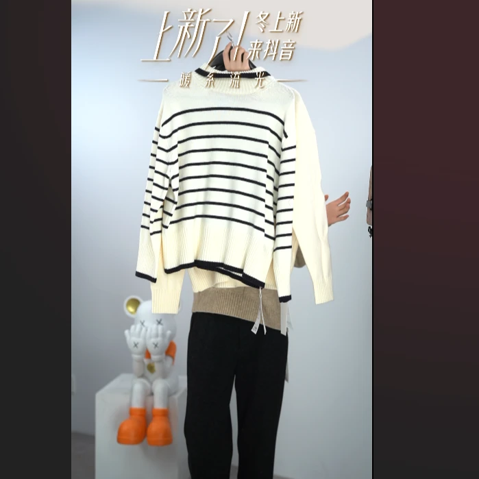 MY TENO/马天奴秋冬条纹针织轻职风毛针织衫毛衣套头宽松装VHAA17